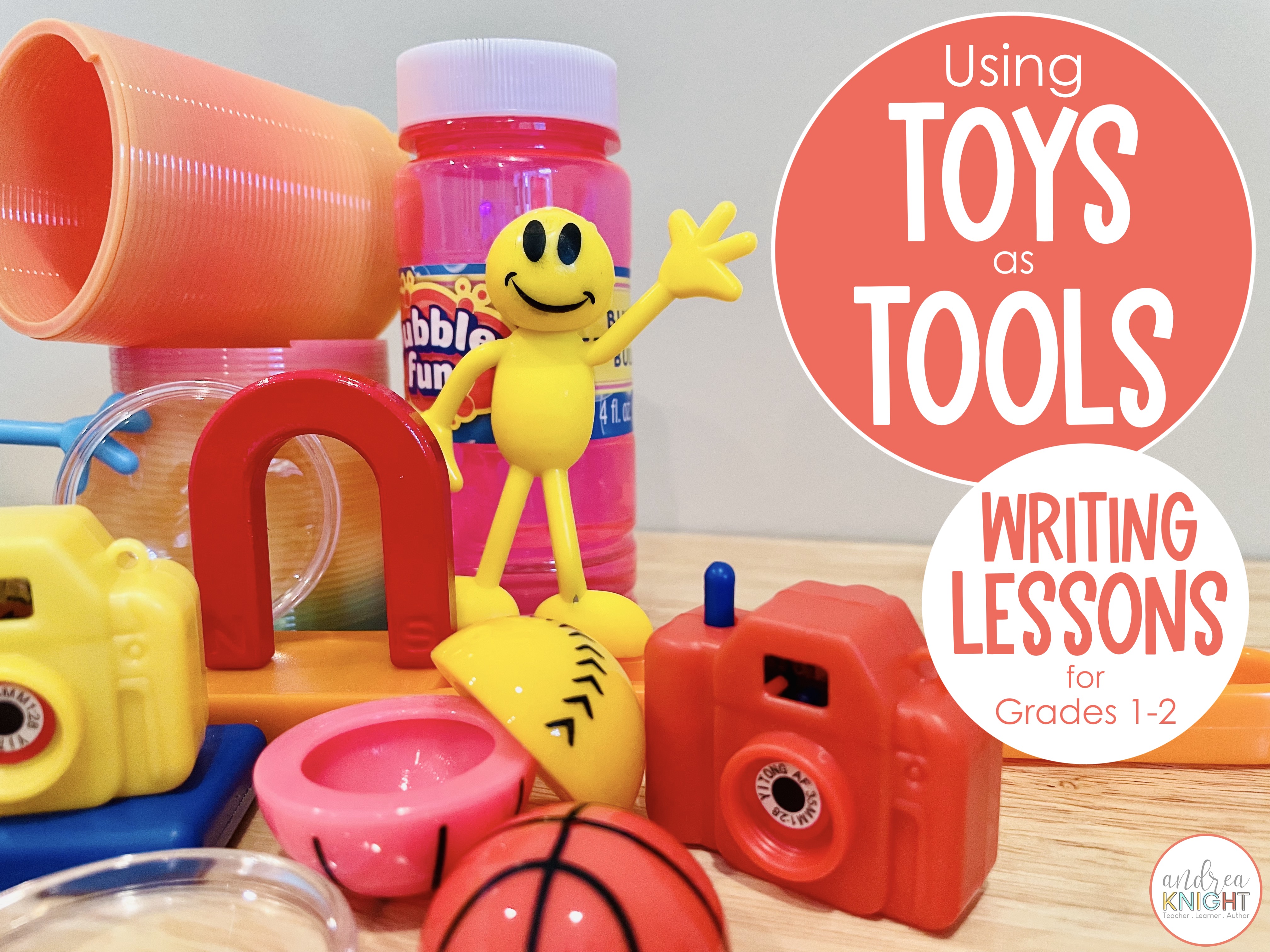 This photo is the feature photo in this blog post. It shows sample toys for teachers to use when teaching writing to first graders.