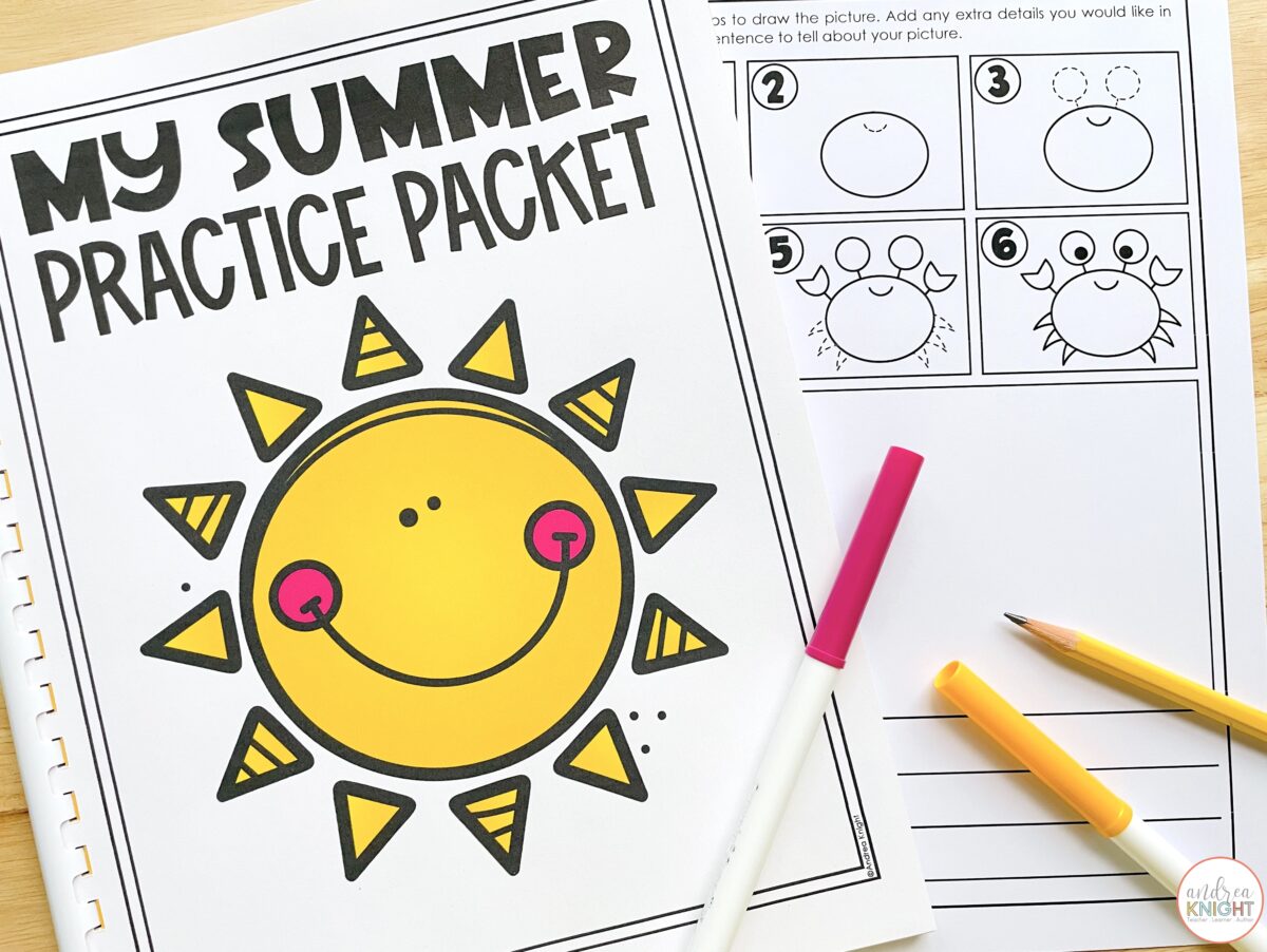 This image shows the summer worksheets booklet and a directed drawing page sample.