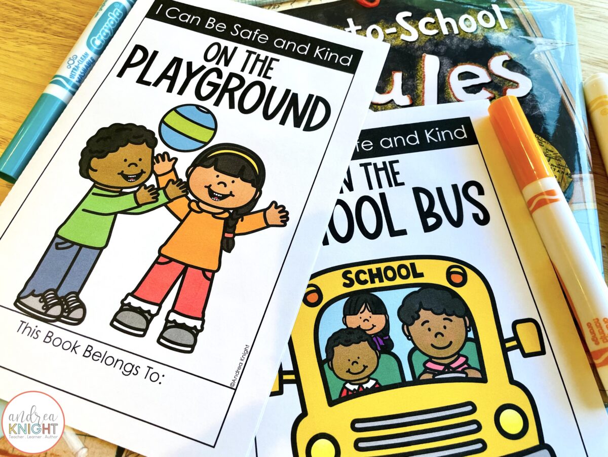 Back to school books about school safety rules and expectations. The set features books for multiple areas of the school, including the classroom, hallway, cafeteria, playground, and school bus.