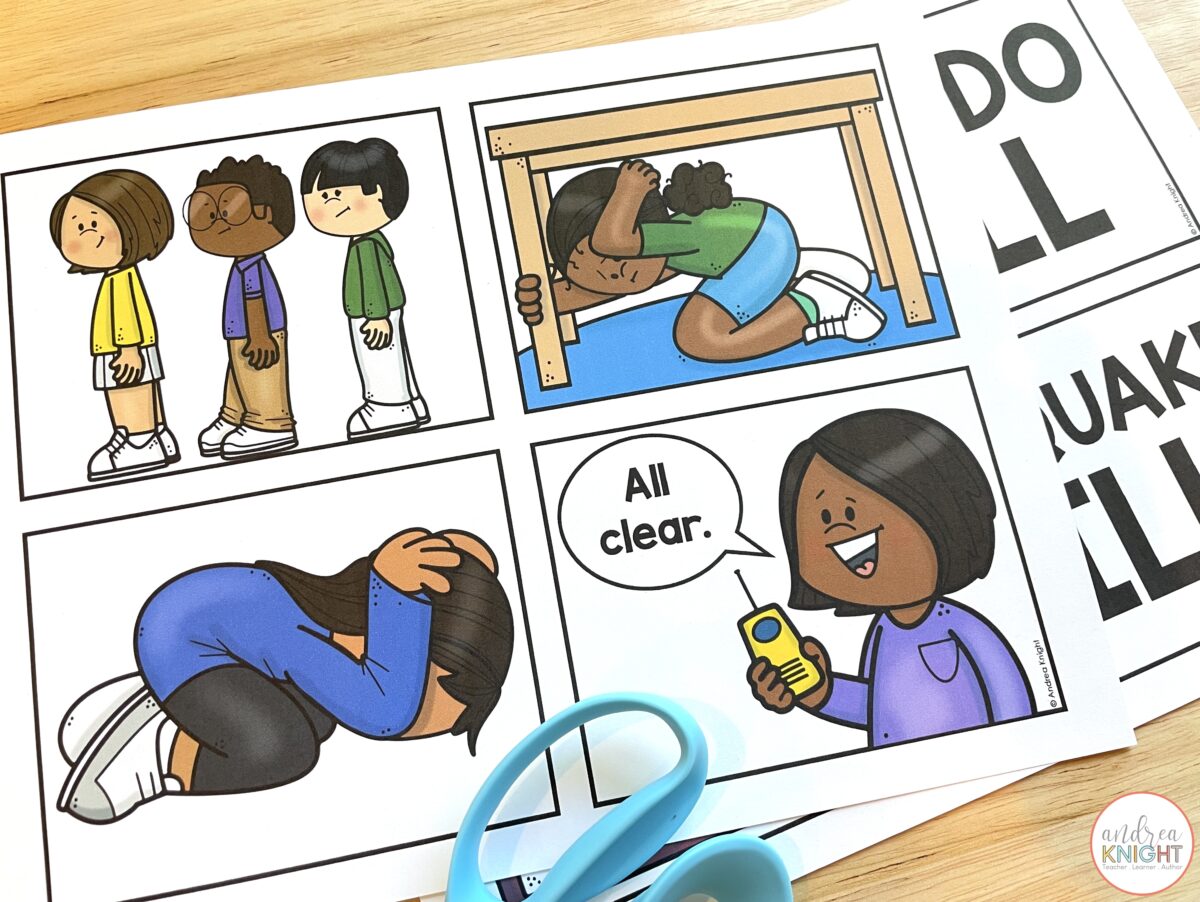 This photo shows key vocabulary cards and full-color pictures for school safety drills. You can use them on a bulletin board or in a pocket chart as visuals during class conversations.