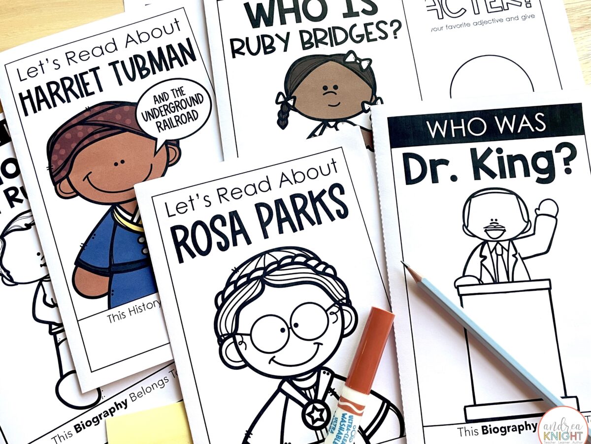 This photo shows a Black History Month biography bundle for first and second grade children. It includes books for Harriet Tubman, Rosa Parks, Ruby Bridges, Wilma Rudolph, and MLK, Jr.