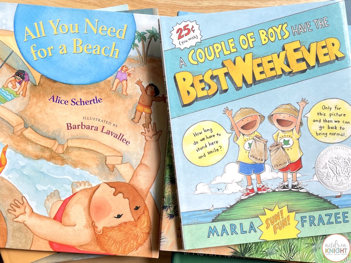 This photo shows some of our favorite summer picture books, including All You Need for a Beach and A Couple of Boys Have the Best Week Ever.