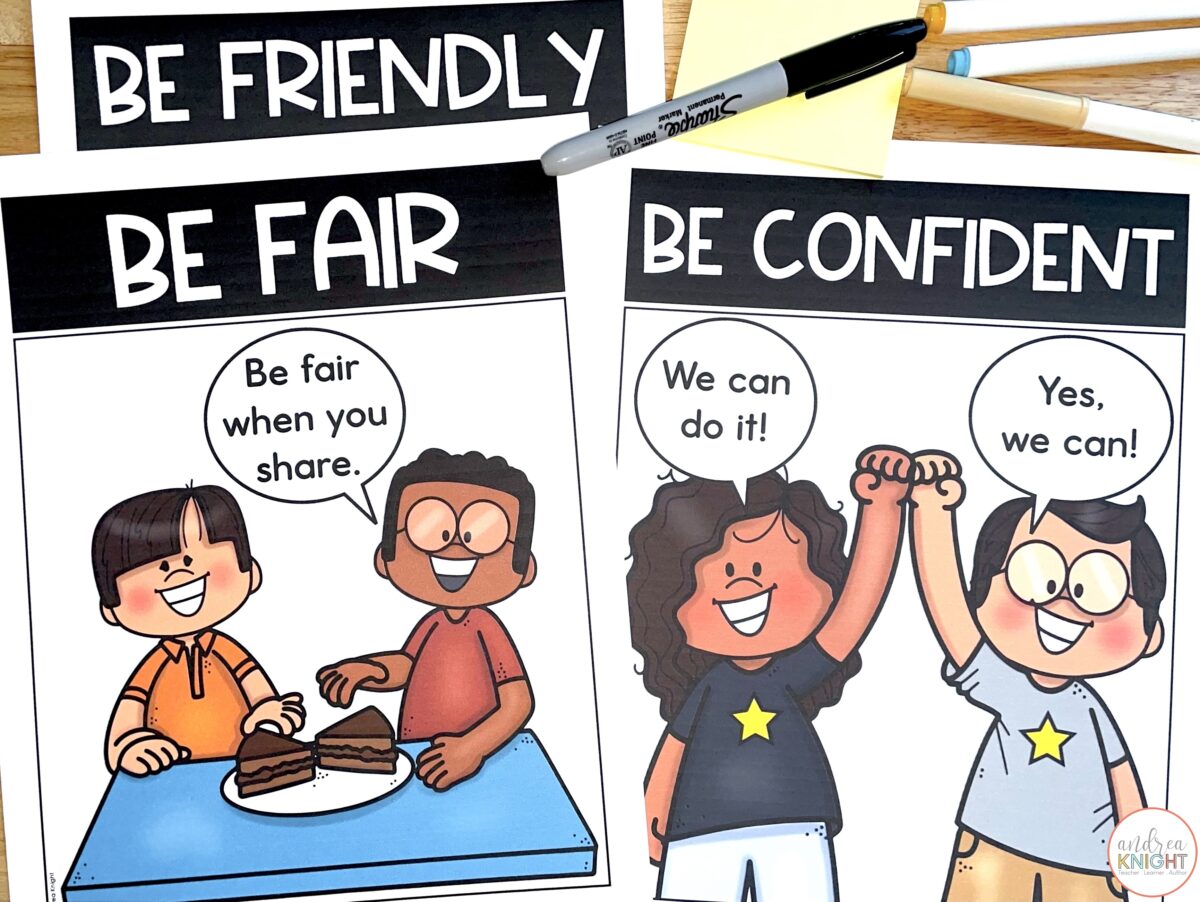 Character education posters like these remind children to work on developing positive traits like fairness, confidence, responsibility, and patience.