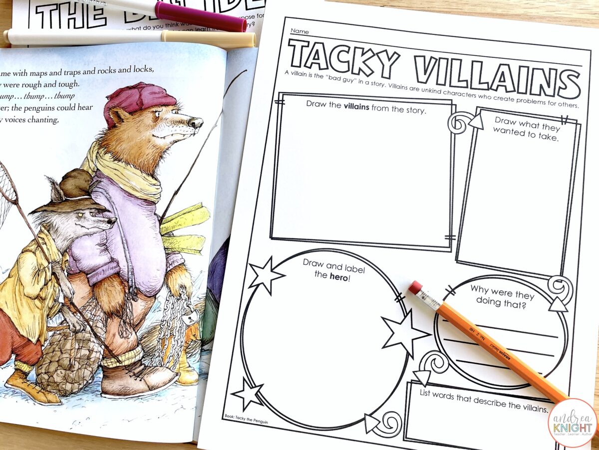 Comprehension worksheets to follow up the reading of Tacky the Penguin, a children's book by Helen Lester
